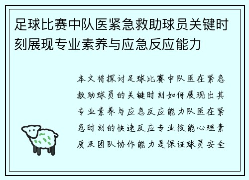 足球比赛中队医紧急救助球员关键时刻展现专业素养与应急反应能力