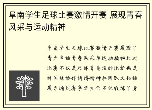 阜南学生足球比赛激情开赛 展现青春风采与运动精神