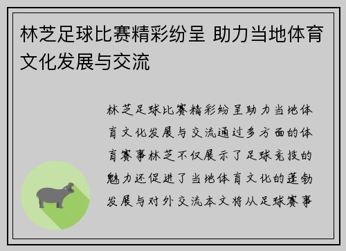 林芝足球比赛精彩纷呈 助力当地体育文化发展与交流