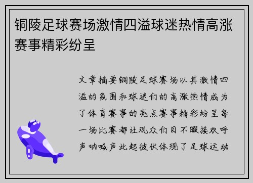 铜陵足球赛场激情四溢球迷热情高涨赛事精彩纷呈