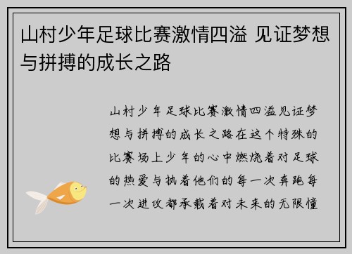 山村少年足球比赛激情四溢 见证梦想与拼搏的成长之路