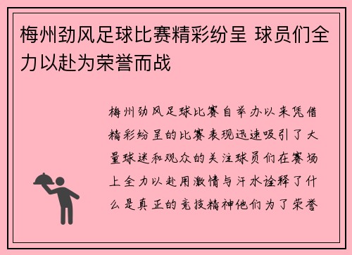 梅州劲风足球比赛精彩纷呈 球员们全力以赴为荣誉而战