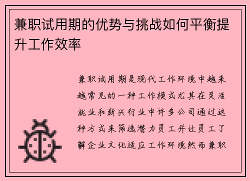 兼职试用期的优势与挑战如何平衡提升工作效率