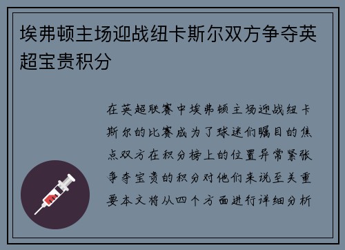 埃弗顿主场迎战纽卡斯尔双方争夺英超宝贵积分