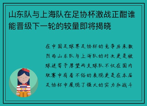 山东队与上海队在足协杯激战正酣谁能晋级下一轮的较量即将揭晓
