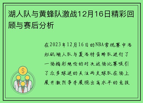湖人队与黄蜂队激战12月16日精彩回顾与赛后分析