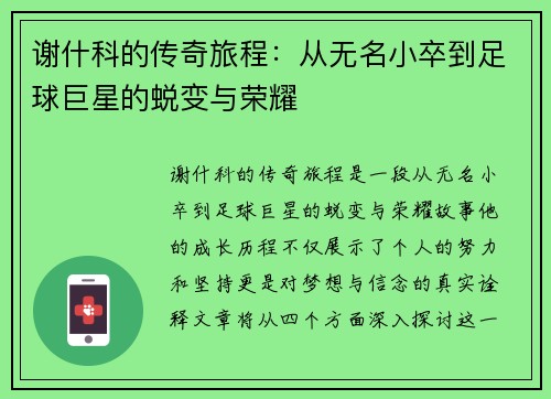 谢什科的传奇旅程：从无名小卒到足球巨星的蜕变与荣耀