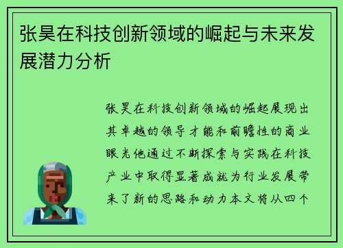 张昊在科技创新领域的崛起与未来发展潜力分析